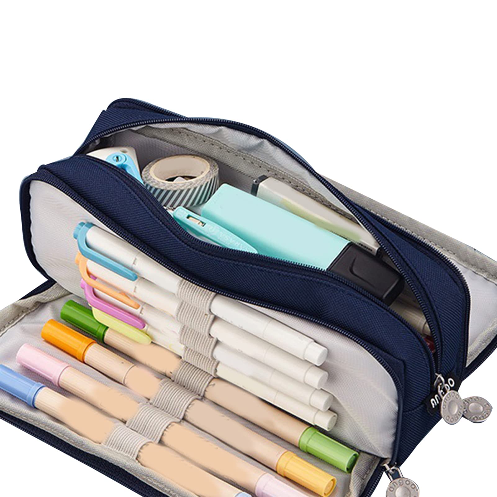 SIXRUN Astuccio per Matite di Grande capacità, Astuccio in Tela con Cerniera con 3 Scomparti, per Penne Portatile con Doppia Apertura 21,5 X 9 X 7 Cm per Studenti e Uso in Ufficio (blu navy)