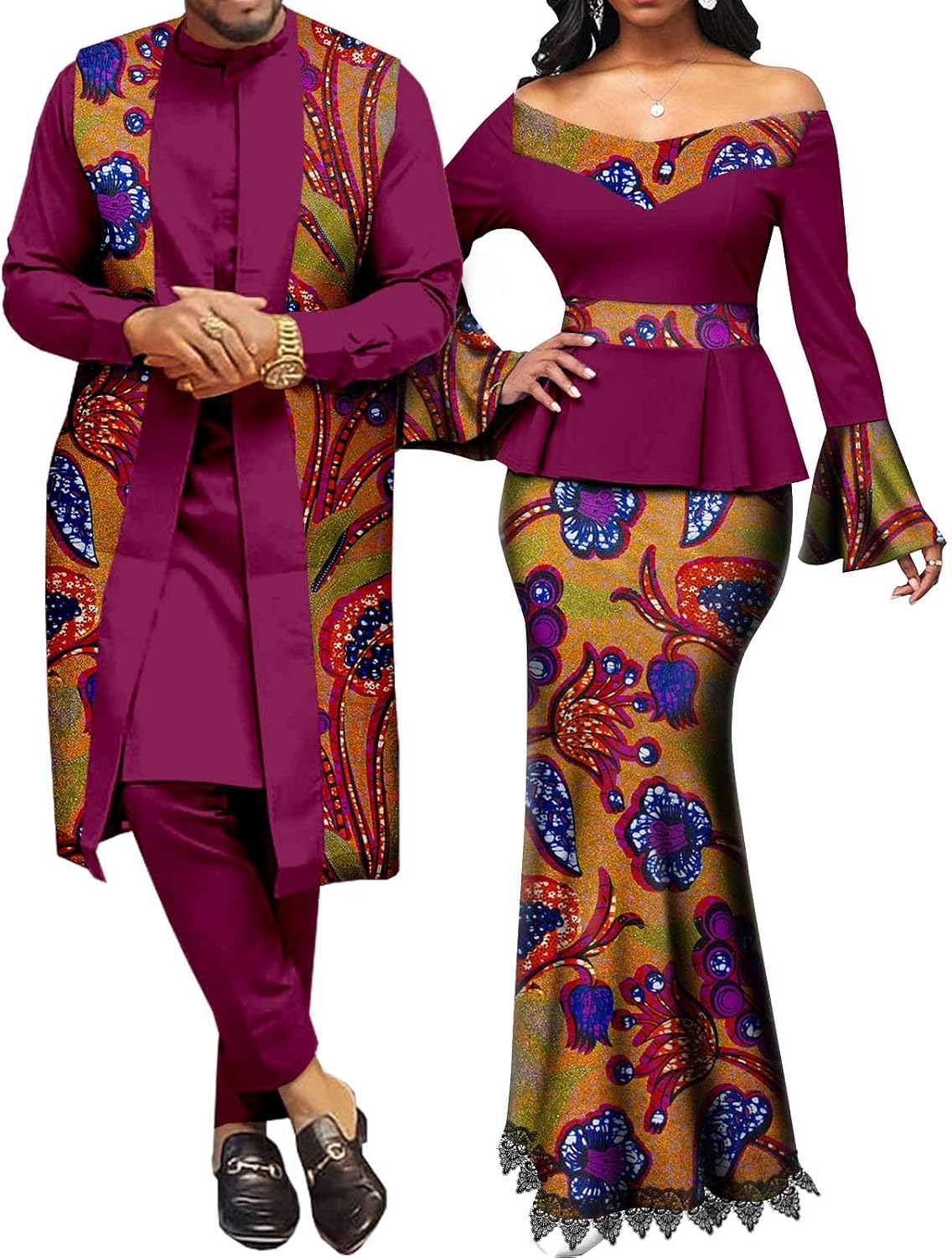 African Women Metallic Top and Lace Skirt Sets Matching Couple Outfits Dashiki Men Clothes Vest Shirt and Pant Sets