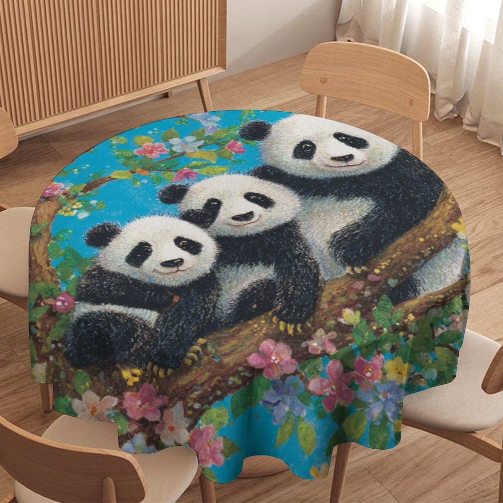 LUYYSKY Beautiful Colorful Wildlife Pandas Round Tablecloth Retro Watercolor Spring Plants Tree Animals Pandas Butterflies Washable Decor for Table Cover for Kitchen-127 Wx127 L cm