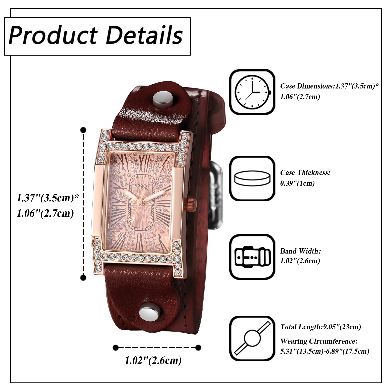 JewelryWe Zegarek damski prostokątny skórzany zegarek: 4 szt. Steampunk Vintage analogowy zegarek kwarcowy damski PU skórzany pasek z cyrkoniami diamentami zegarek z cyframi rzymskimi prostokątna