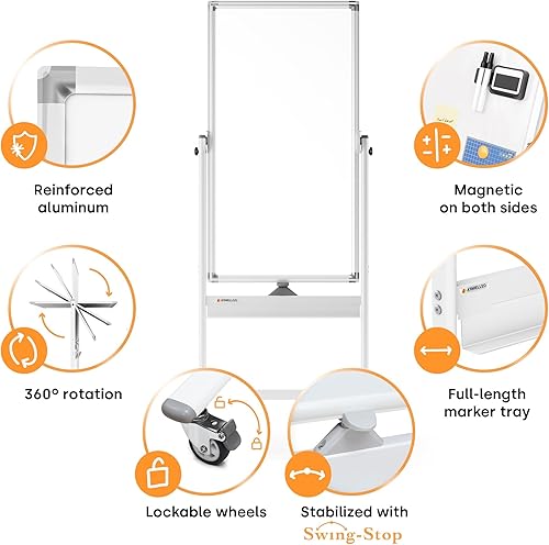 Miniatura 7 de Pizarra de borrado en seco rodante de 24 x 48 - Pizarra blanca magnética portátil grande con soporte - Pizarra blanca de doble cara estilo caballete