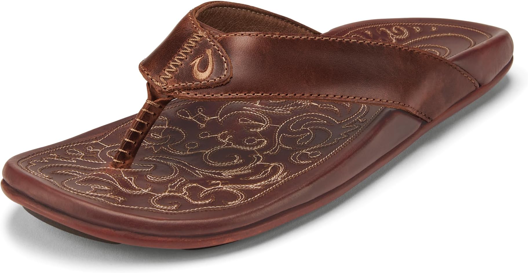 OLUKAI Mekila Men's Beach Sandals, Full-Grain Leather Flip-Flop Slides, Compression Molded Footbed & Comfort Fit, Enhanced Grip Soles