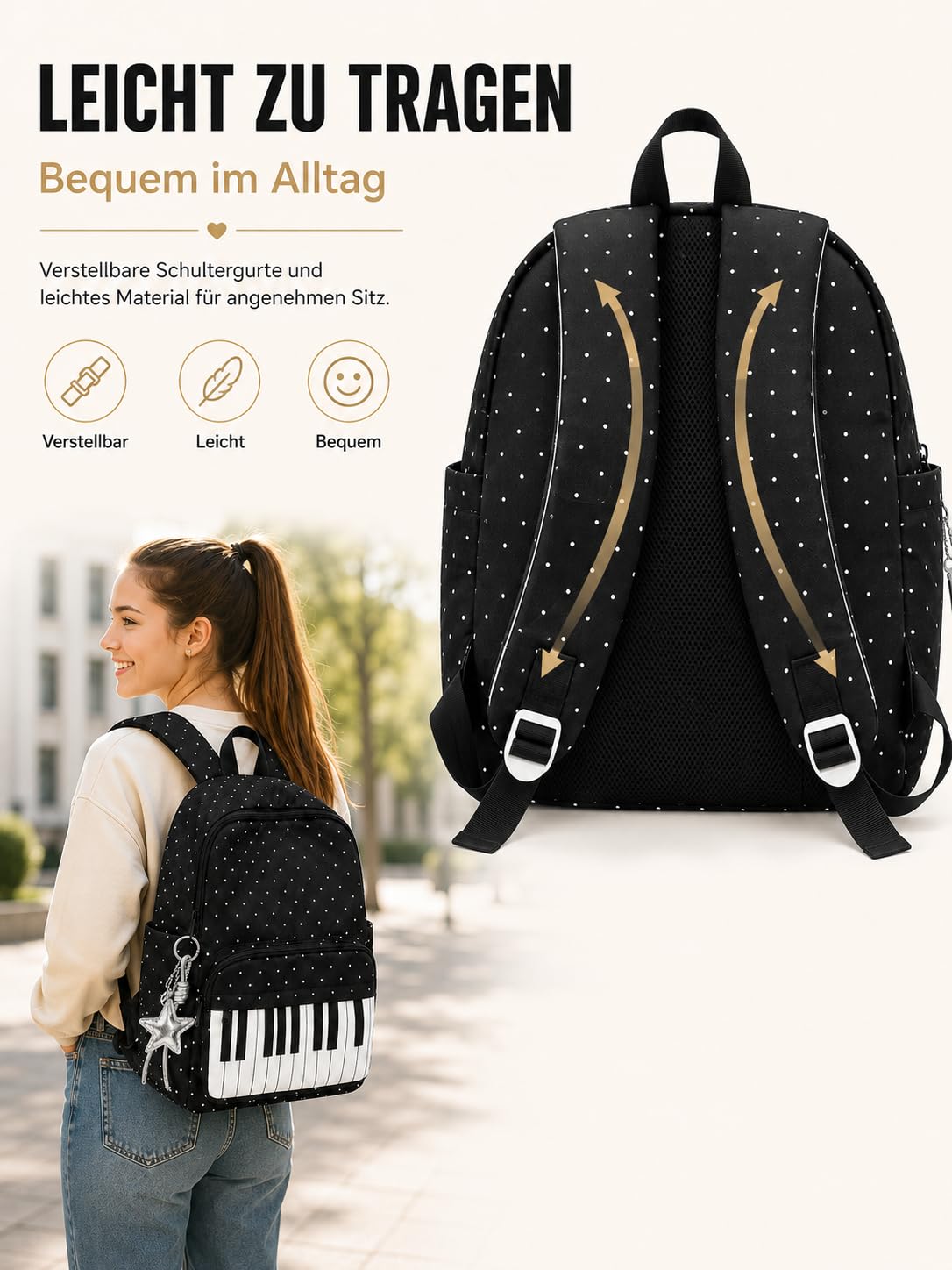 Piano Casual Rucksack, Polka Dot Music Backpack with Star Charm, Large Capacity Laptop School Bookbag for Women Girls College Travel (Schwarz+Weiß)