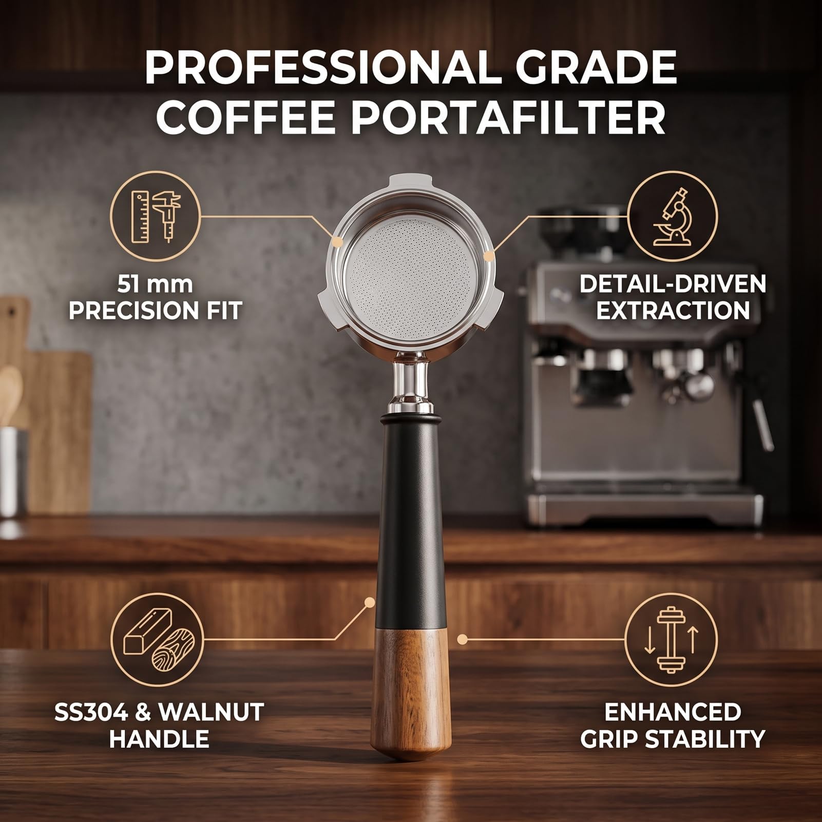 XUMIUZIY 51mm Coffee Portafilter with Walnut Handle | Acero inoxidable, Apto para máquinas Uso en casa o cafetería