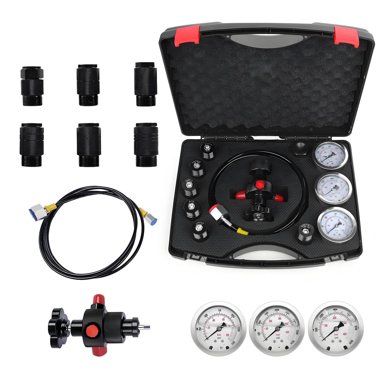 UORDBY Hydraulic Nitrogen Accumulator Test Charging Kit, Nitrogen Pressure Charge Testing Fill Kit, with 7 Couplings, 3 Gauges, (1500PSI /4000PSI/ 6000PSI) and 1 Gas Hose
