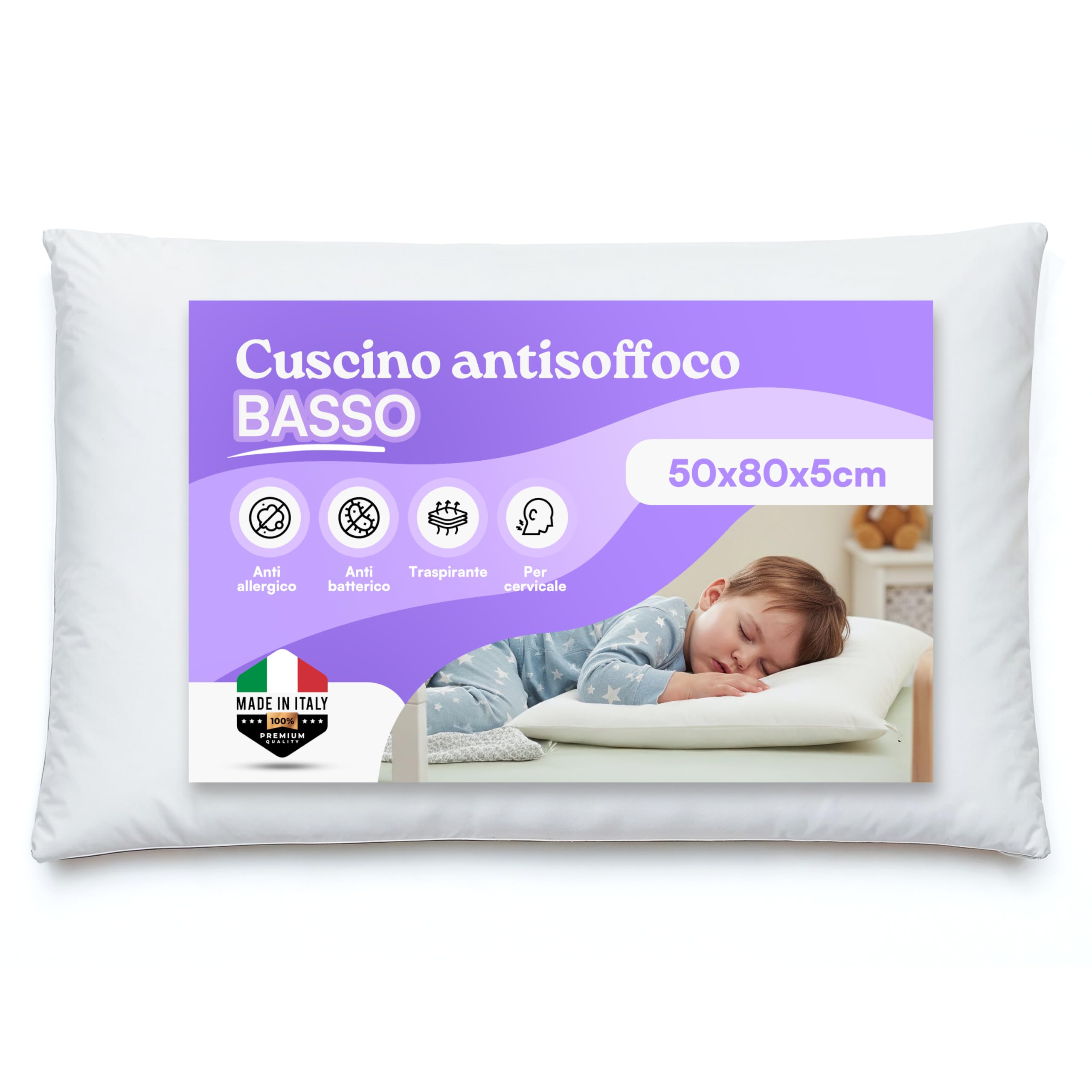 ER RELAX Cuscino Antisoffoco per Bambini BASSO 50x80 altezza 5cm per Letto Grande. Guanciale BASSO, Anallergico, Traspirante, Rivestito con Fodera 100% Cotone. Made in Italy (1)