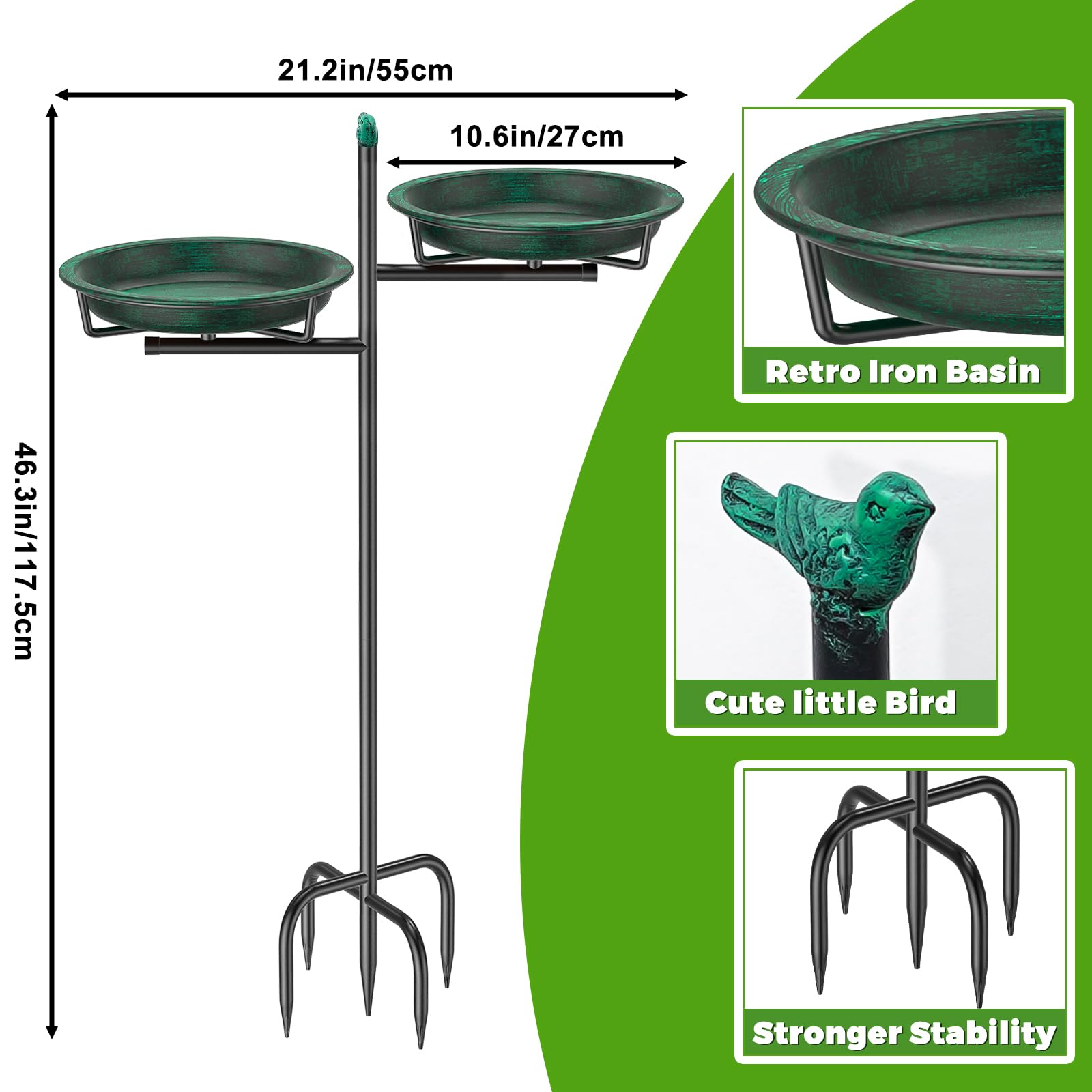 Vogeltränke Vogelbad Schale Stehend, 2-in-1 Vogelbad für Draußen Garten mit Doppelbecken für Wasser und Futter, Metall Vögel Vogelbecken für Gartendeko (Altgrün)
