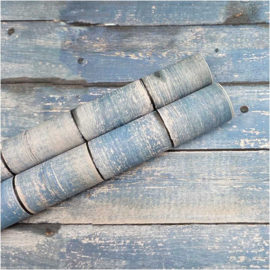 Papel tapiz de madera envejecida azul vintage de 17.3 x 78.8 pulgadas, papel tapiz de madera rústica, papel de contacto de grano de madera rústica,