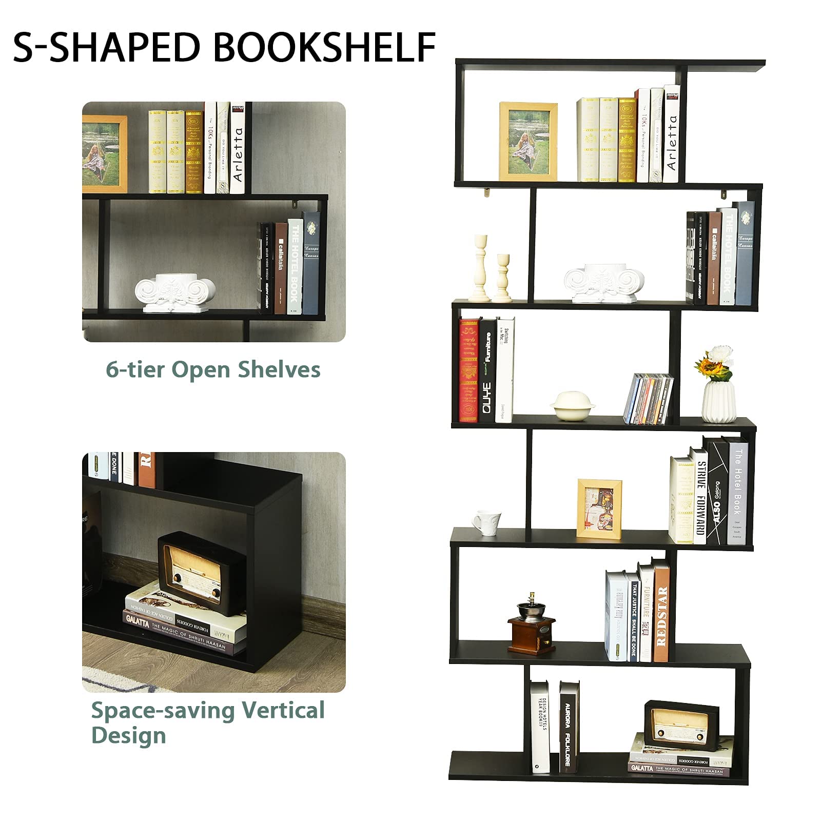 GIANTEX Librería en Forma de S, Estantería para Libros con 6 Estantes, 80 x 23 x 191 cm, Estantería de Almacenamiento Multifuncional, Diseño Antivuelco, para Salón, Estudio (Negro)