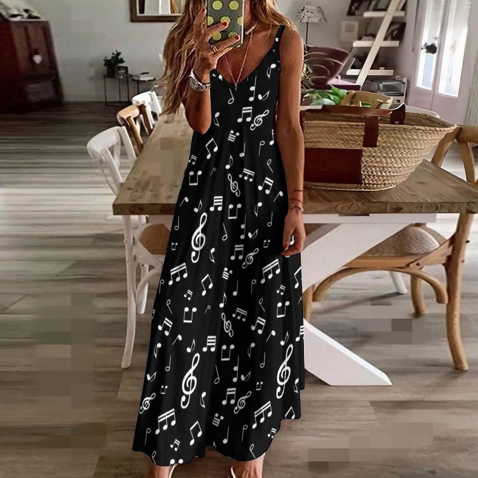 Vestido largo de verano para mujer, vestido de verano con cuello en V, tirantes delgados, vestido de playa