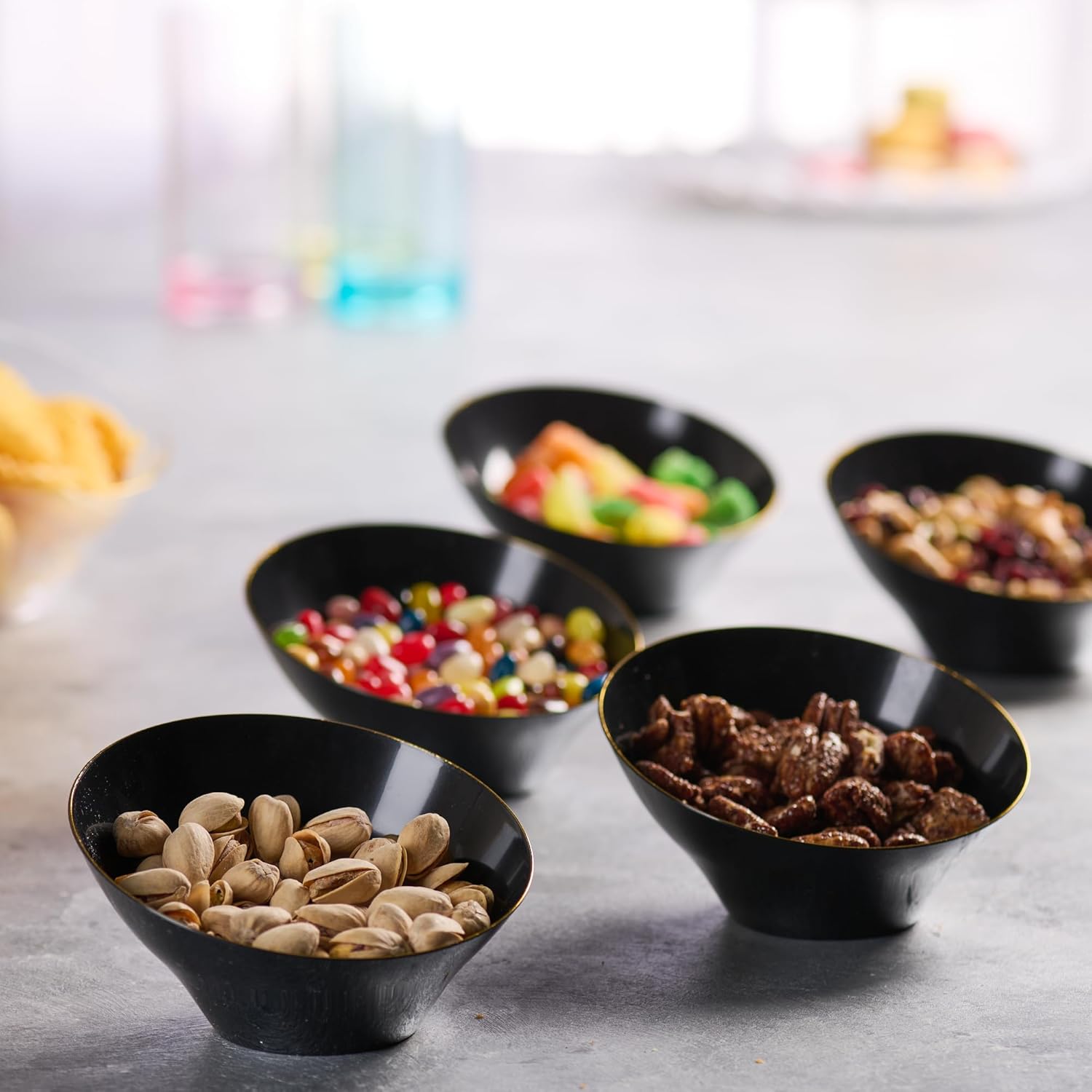 PLASTICPRO Angled Plastic Bowls Disposable Small Plastic Black Serving Bowls with Gold Rim for Party for Appetizer Salads Pack of 8 - Image 2