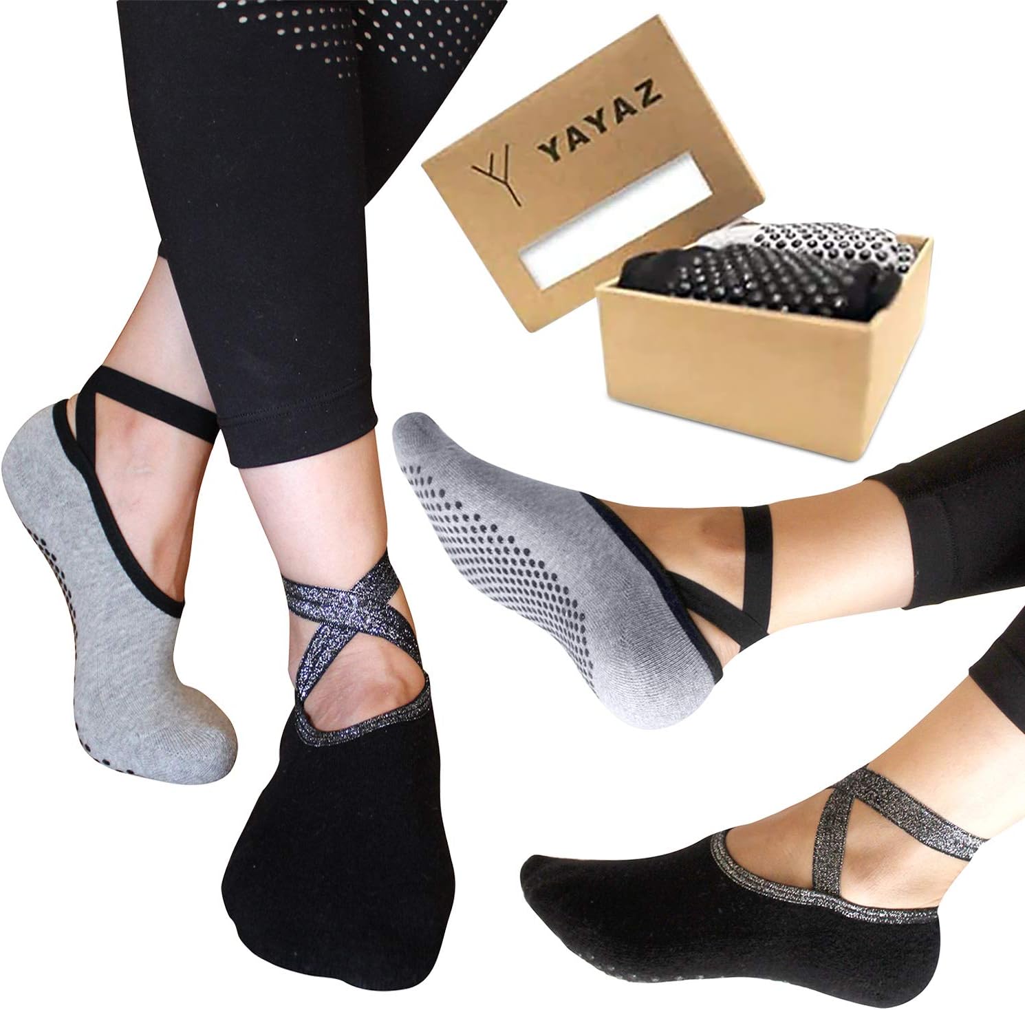 Yayaz Yoga Socks for Women, 2 Pairs (1 black,1 grey) gift-boxed. Non-slip, Ballet, Barre, anti-skid, Versatile straps