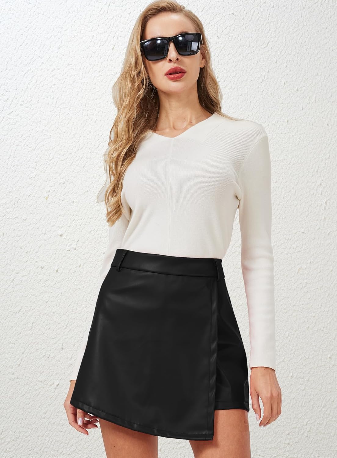 XinYangNi Women's Casual High Waisted Asymmetrical Hem A-line Plaid Faux Leather Dressy Wrap Skort Shorts - Image 5