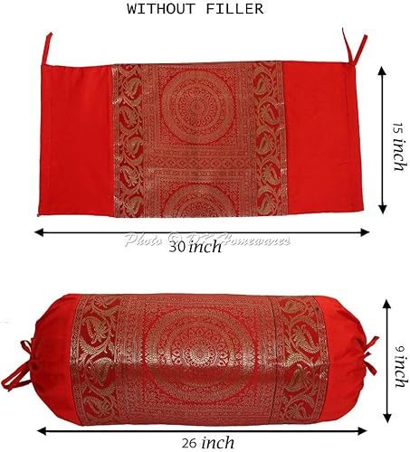 Miniatura 2 de DK Homewares Fundas de almohada de seda de brocado de jacquard indio para cama, cilíndrico hotdog rojo, masand de yoga, decoración del hogar, sala