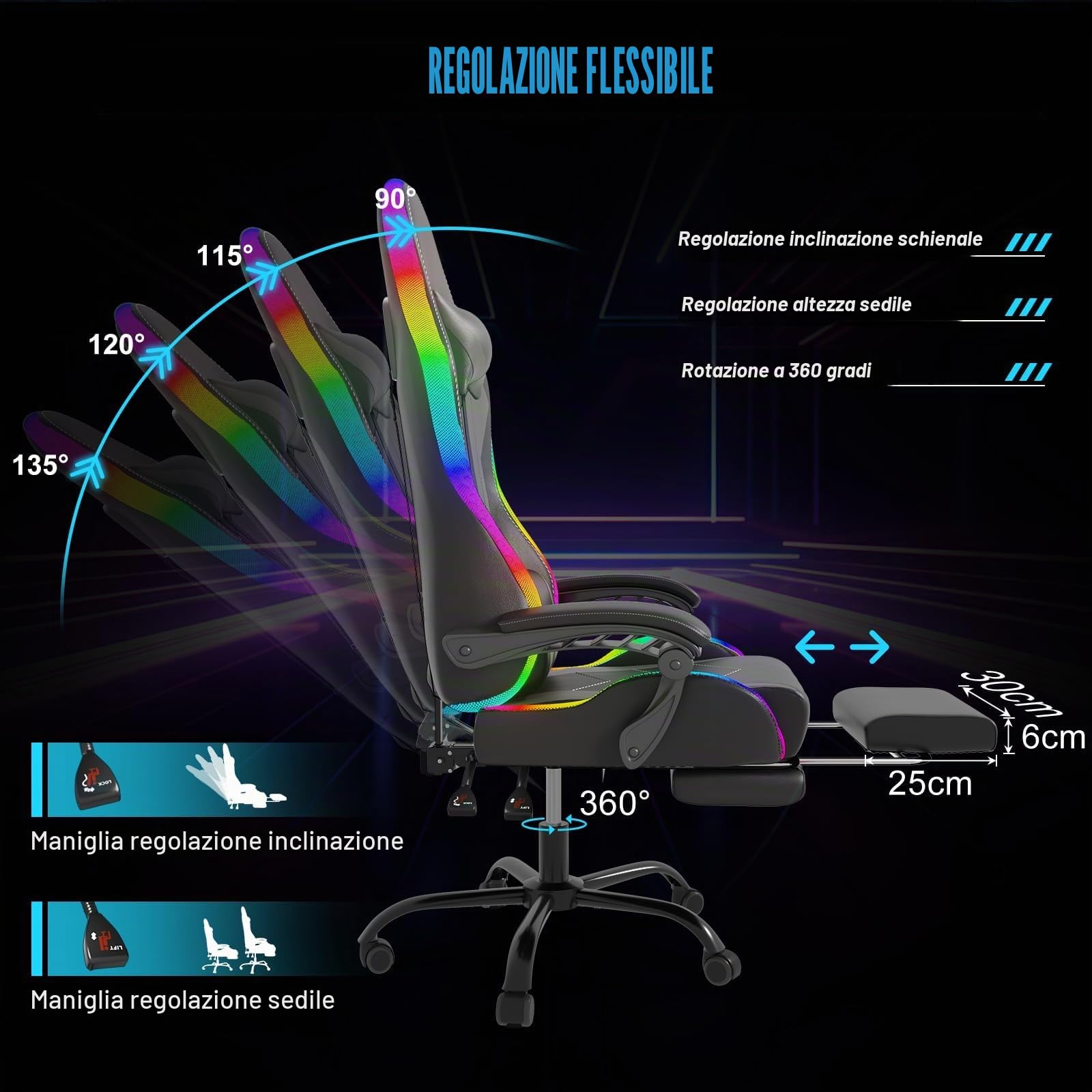 JUMMICO Sedia da gioco con LED, Cool Racing Gamer, sedia ergonomica da ufficio con funzione massaggiante, schienale regolabile 90-135°, con poggiapiedi telescopico, capacità di carico 150 kg, colore