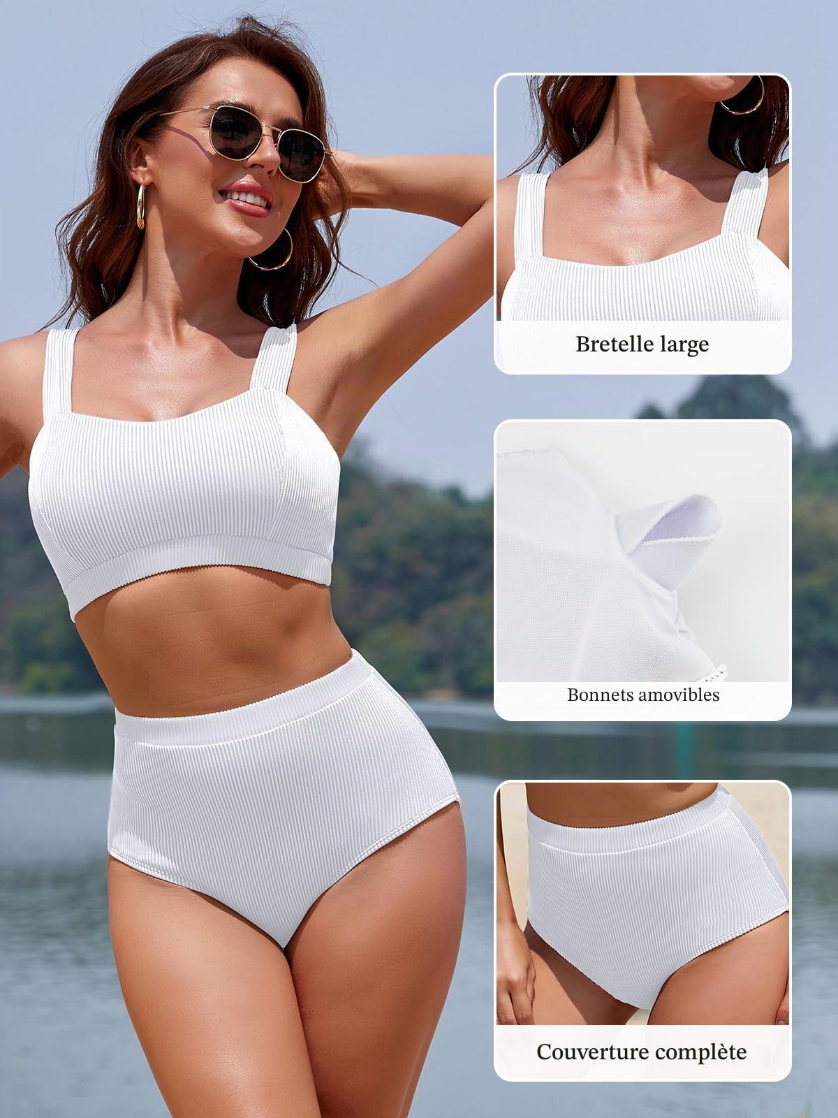 SHEKINI Maillot de Bain 2 pièces côtelées pour Femmes Décolleté en cœur Maillot de Bain Taille Haute