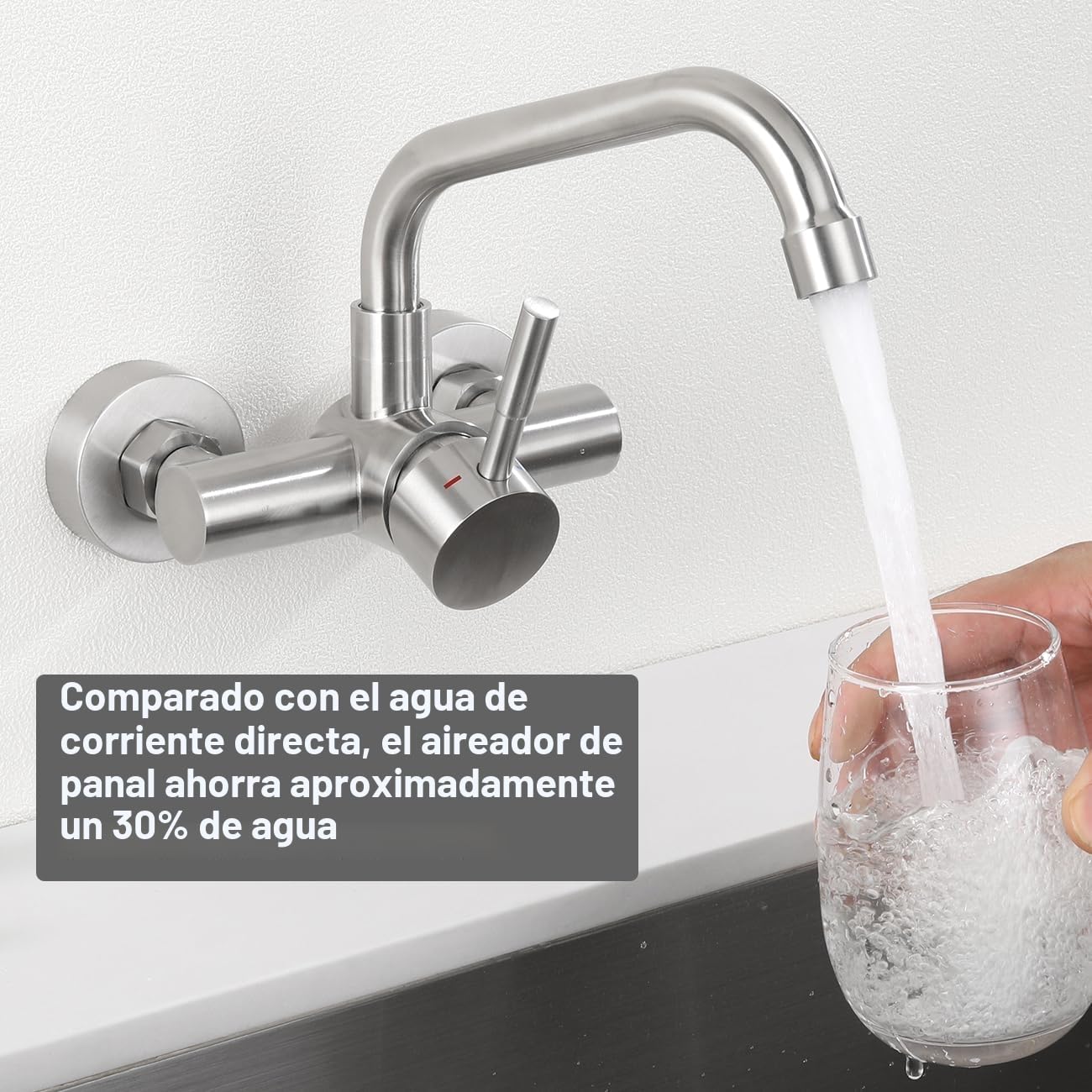Grifo Cocina de Pared 11cm Orificio de Montaje, Grifería de Fregadero Mural Rotación de 360​°, Mezclador Monomando de Acero Inoxidable 304, Aireador Extraíble, Agua Fría y Caliente, Cepillado