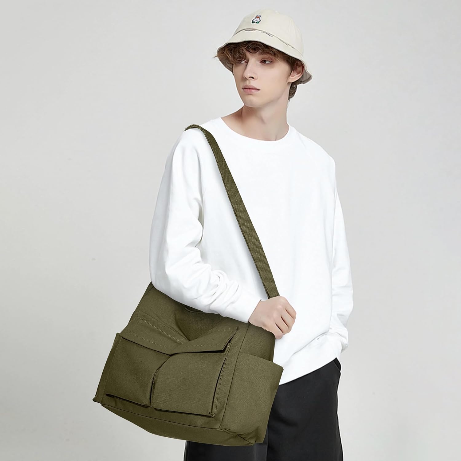 KALIDI Canvas Tote Bag Messenger Bag, Large Crossbody Bag for Women or Men, Casual Canvas Shoulder Bag for College Work Daily - Image 8