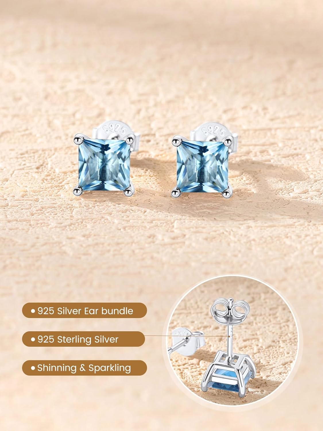 KeyStyle Birthstone Earrings for Women,Hypoallergenic Square/Round/Heart Stud Earrings with 925 Sterling Silver Posts & Push Backs,Small Dainty 5/6mm CZ Stud Earrings, Gold Silver Birthday Jewelry - Image 5