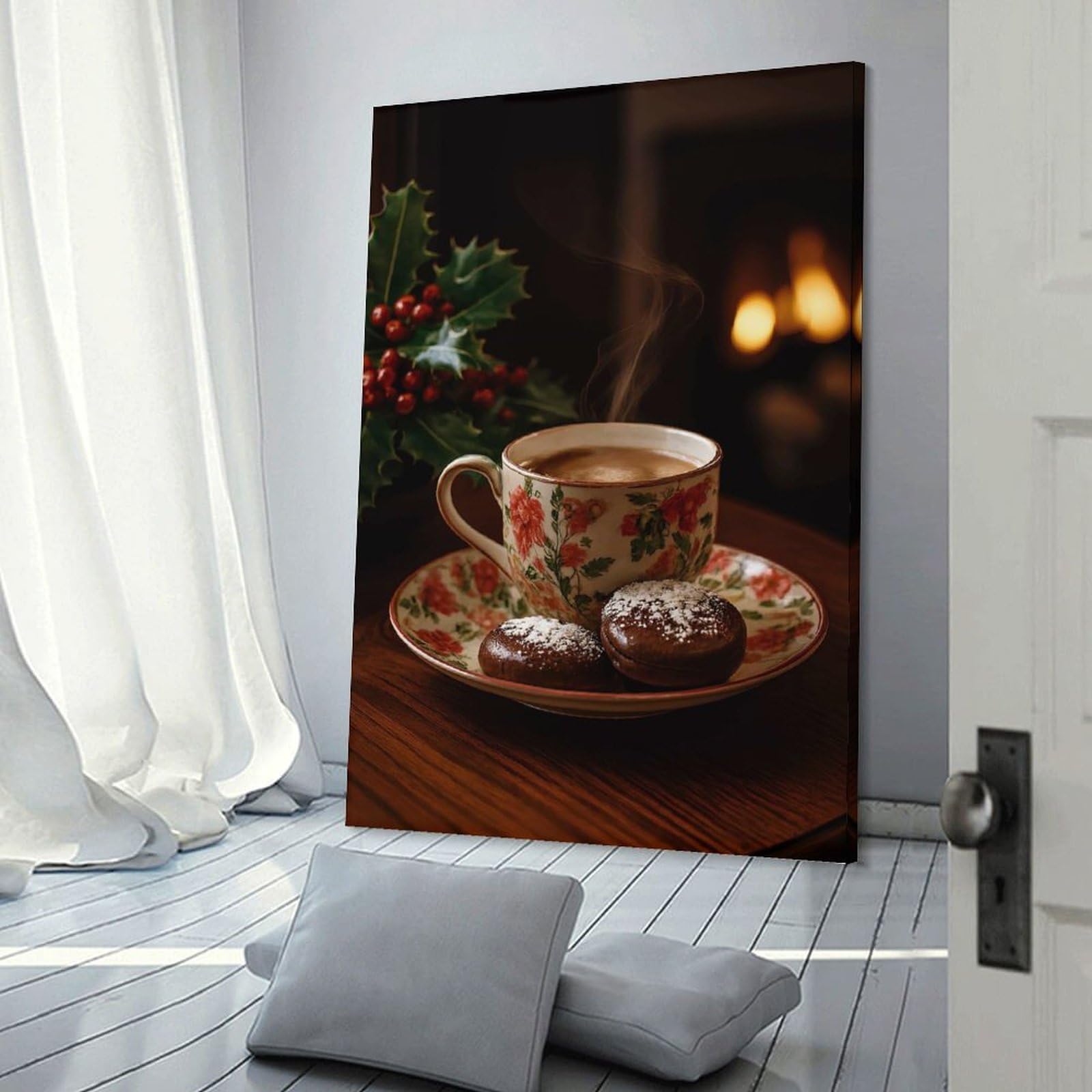 Junmoney Frame-Style-4 Cozy Coffee And Cookies By Fireplace Canvas Wall Decor 16X24inch(40X60cm), For Workspace Walls, Study Corners Or Bedrooms, Decorative Artwork For Productive Spaces