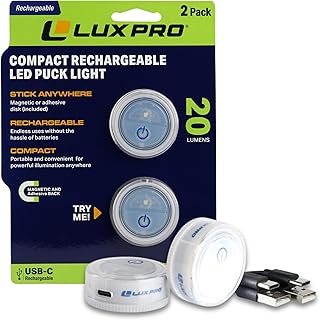 LUXPRO Waterproof Micro LED Rechargeable Puck Lights - Adhesive Lighting Ideal for Under Cabinets, in Tackle Boxes, or On Bookcases - Compact Rechargeable Push Tap Light - 2 Pack (Rechargable)