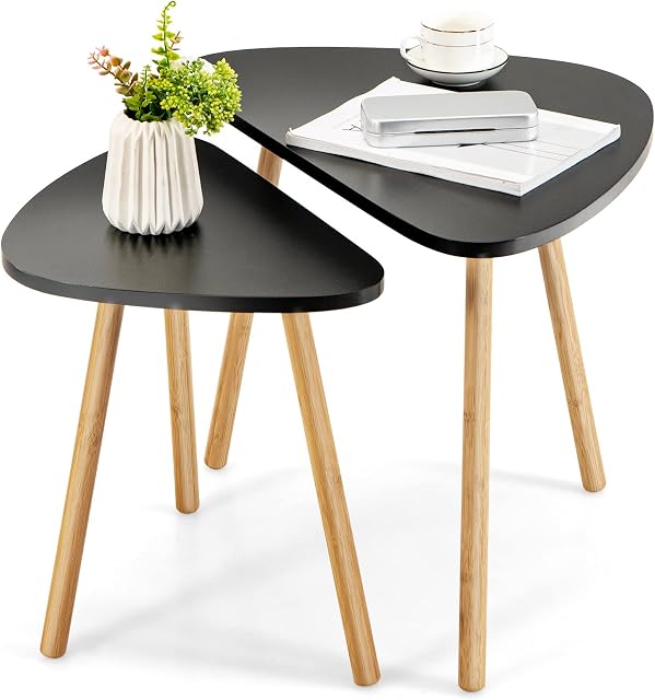 COSTWAY Nesting Coffee Tables Set of 2, Triangle Stackable Small Sofa Side Table with Bamboo Legs, Modern Wooden Nightstand Accent End Tea Table for Living Room, Bedroom and Balcony
