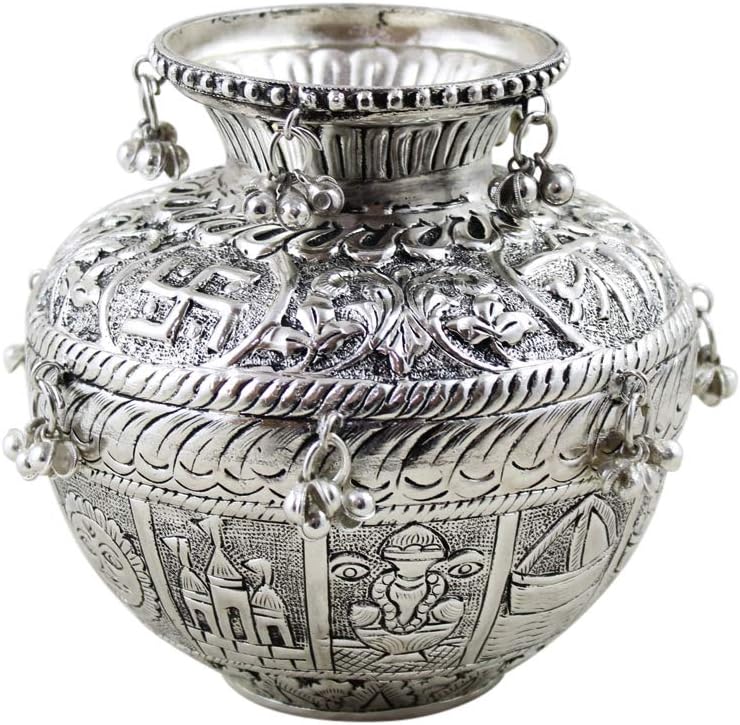 GoldGiftIdeas Oxidized Nakshi Pooja Kalash Pooja Thali Set (Silver Plated), Decorative Kalash Lota, Indian Pooja Items for Home Temple, Housewarming Gift, Wedding Gift