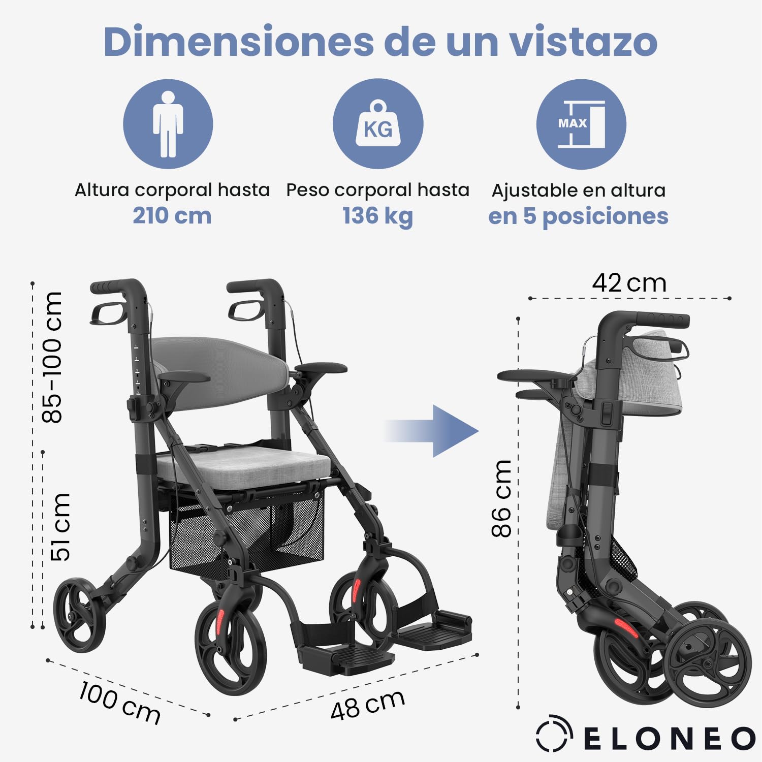 ELONEO Silla de Ruedas y Andador 2 en 1 plegable y ligero con asiento, Andador todoterreno convertible en silla de ruedas, Ayuda de movilidad de aluminio, Silla de transporte, negro