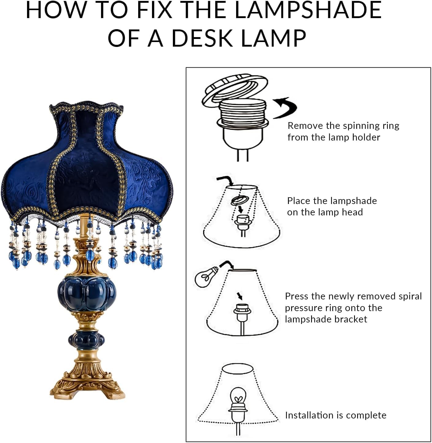 European Style Table Lamp with Fabric Lampshade Hand-Made Antique Varnished Resin Lampbody Victorian Style Table Lamp for Living Room Bedroom(Blue)