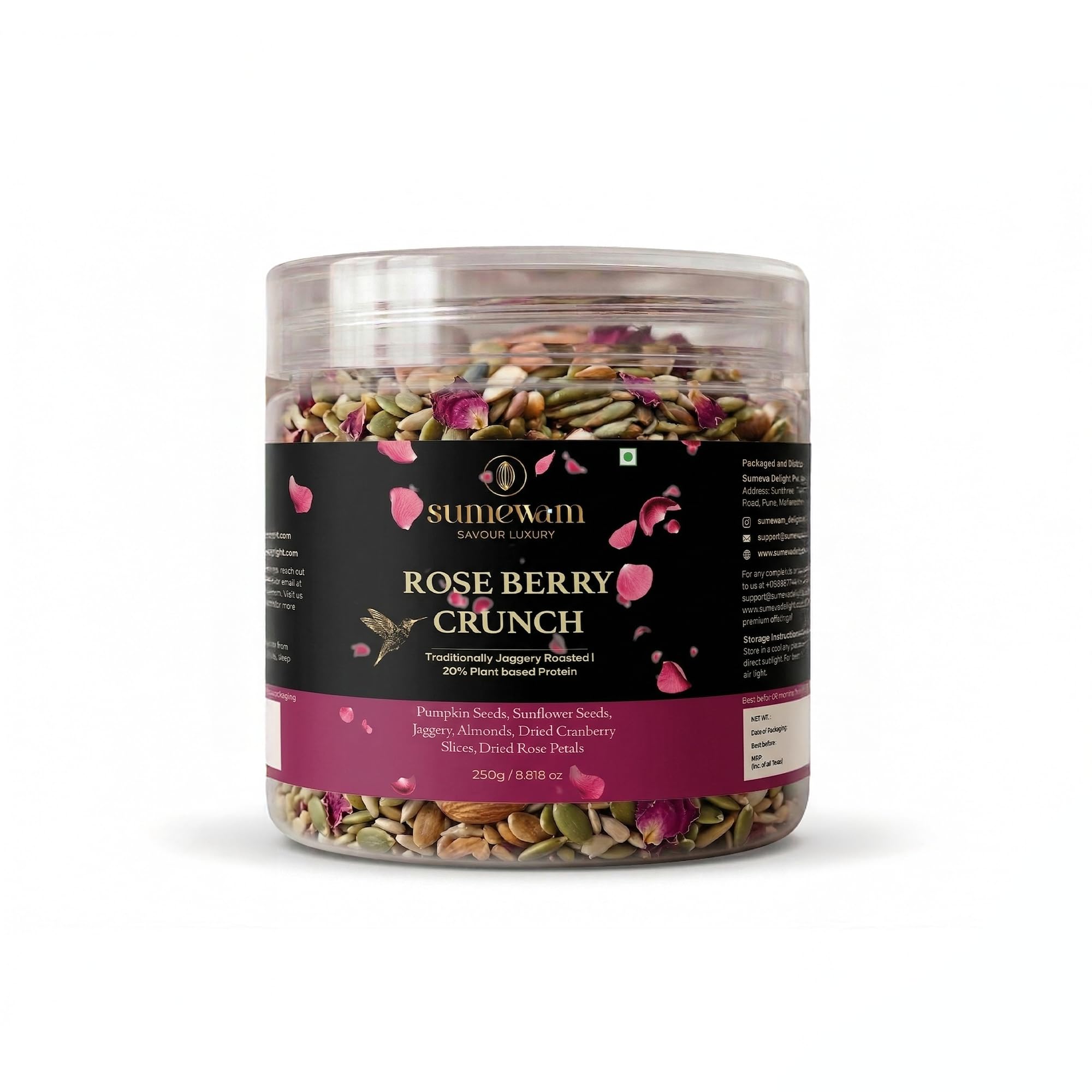 Sumewam Rose Berry Crunch Trail Mix | Roasted Pumpkin Seeds, Sunflower Seeds & Berries Mix with Jaggery, Almonds & Dried Rose Petals | High Plant Protein Healthy Snack - 250g-image-21