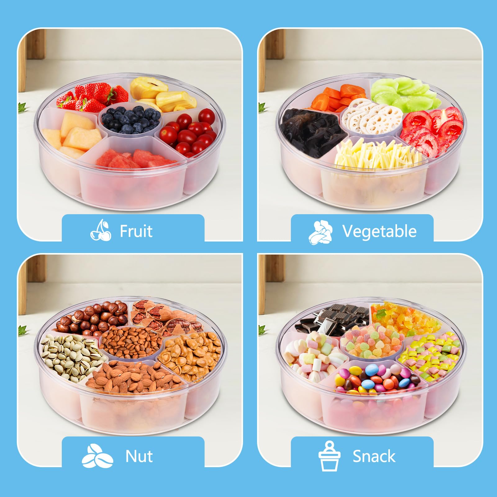 Plateau à Légumes Avec Couvercle Pour Réfrigérateur – Lot de 2 Boîtes à Collations Transparentes Divisées pour Charcuterie, 6 Compartiments de Rangement pour Fêtes, Voyages, Pique-niques