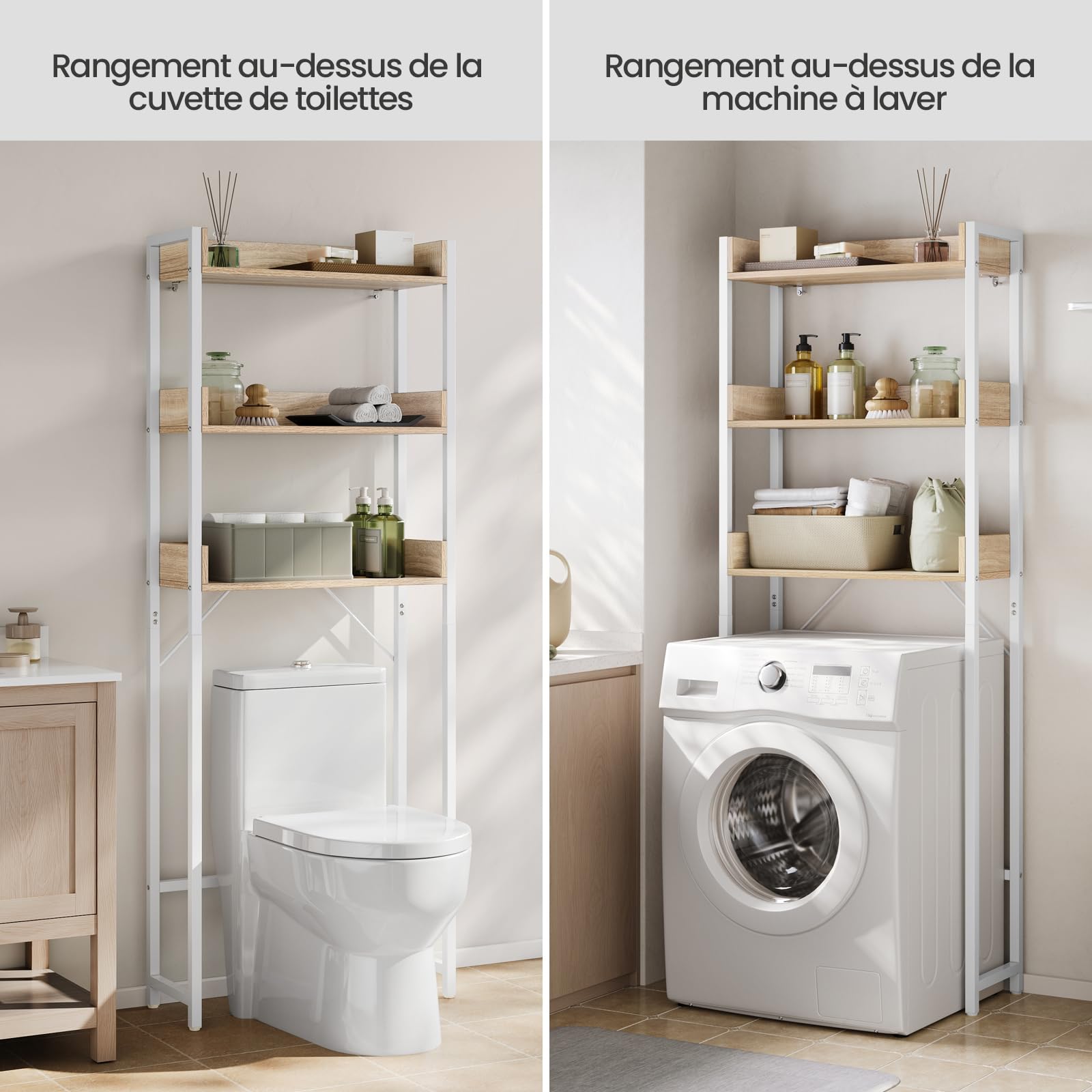 EUGAD Meuble WC, Étagère Machine à Laver, à 3 Niveaux, au-Dessus des Toilettes, Gain d'Espace, pour Salle de Bain, Buanderie, en Bois d'Ingénierie et Métal, Chêne Clair + Blanc, 63x25x166,5cm