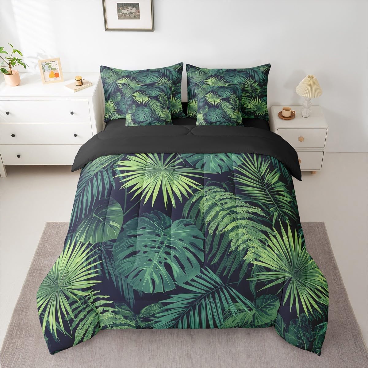 Erosebridal Palm Leaves Queen Comforter Set 7 Pieces, Monstera Bed in A Bag for Bedroom, Hawaii Tropical Leaves Bedding Set with Comforters, Sheets, Pillowcases Summer Boho Hippie Style Room Decor