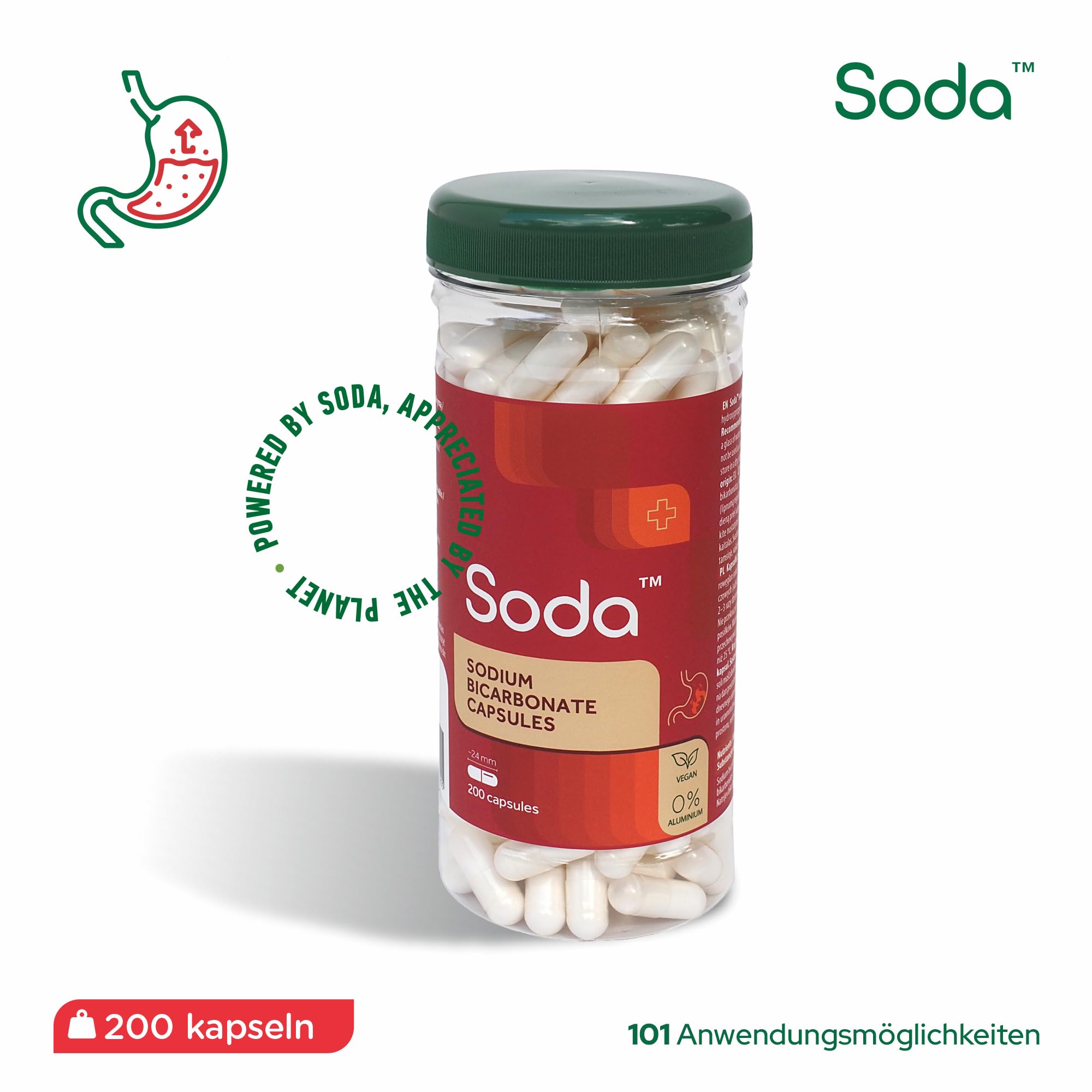 Soda Sodron Capsule - 100% idrogenocarbonato di sodio per sostenere l'equilibrio acido-base, Detox, cura orale e sport, 200 capsule in 1 flacone