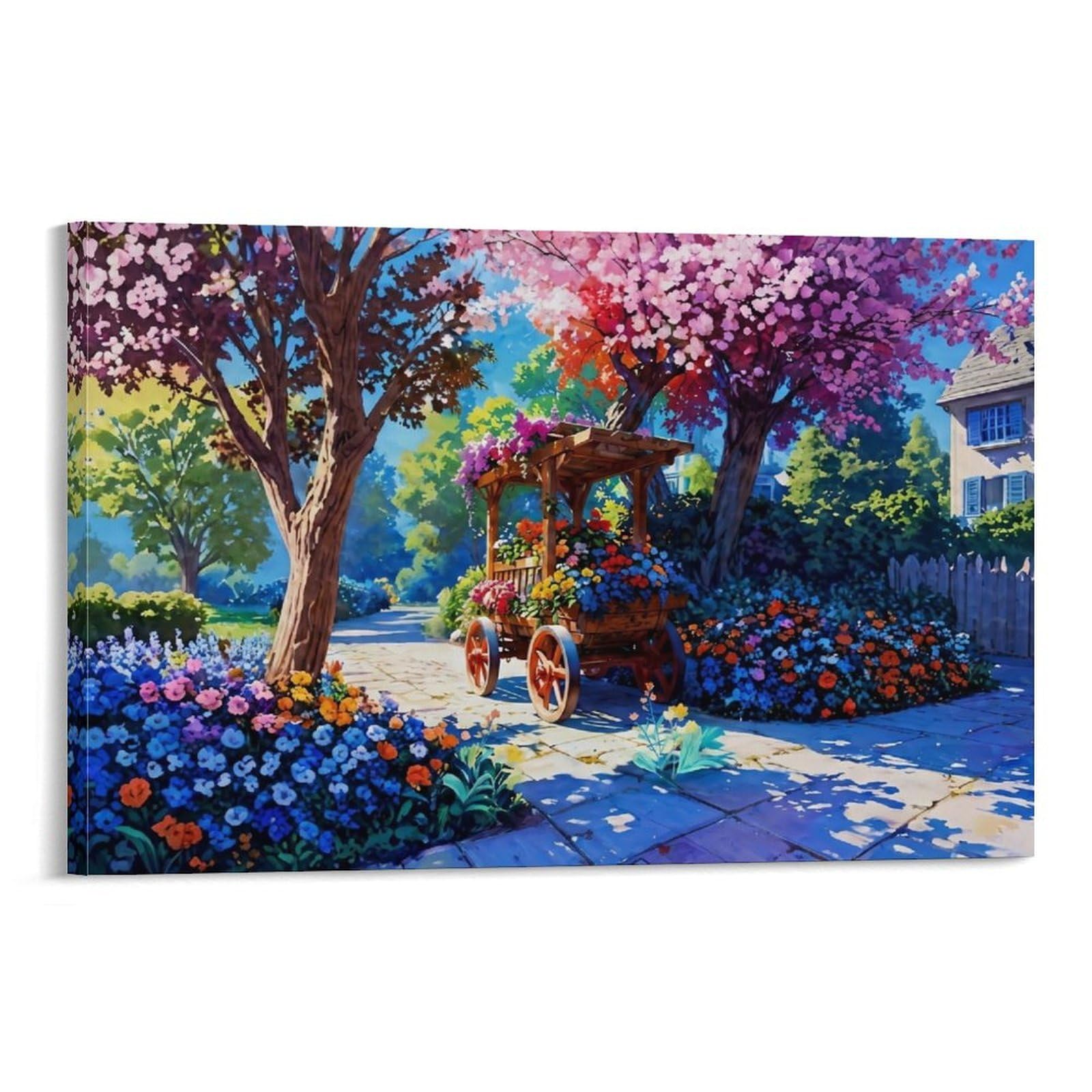 CPLVKWRQJ Spring Garden Cart Single Piece Blossom Flower Cart in Cozy Garden Path Canvas Wall Hanging - Kitchen Removable Wall Art Focal Point Ready to Hang 16x24inch(40x60cm)