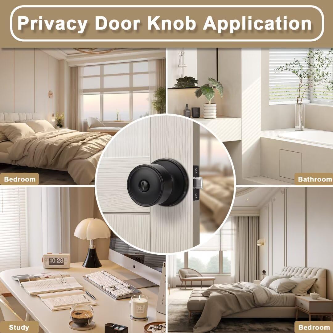 Privacy Interior Black Door Knob with Lock for Bedroom and Bathroom, Flat Indoor Keyless Door Lock for Bedrooms, Modern Matte Black Door Handles Interior 4 Pack