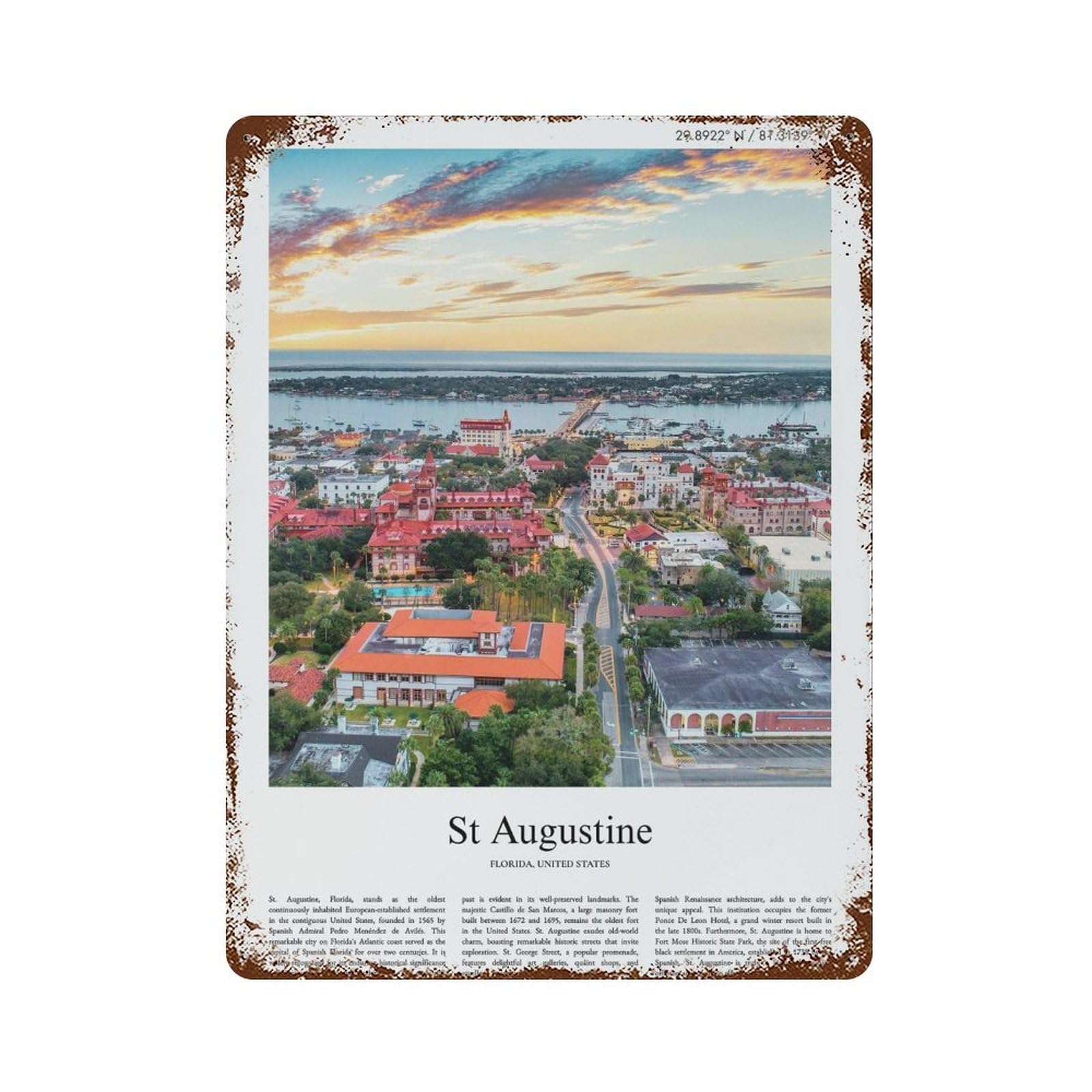 xiaoxiaoshen St Augustine Florida, United States, USA City Scenery Wall Decor Art Metal Tin Poster Modern Home Decor Art Home Bar Shop Decorations Vintage Sign 40x30cm