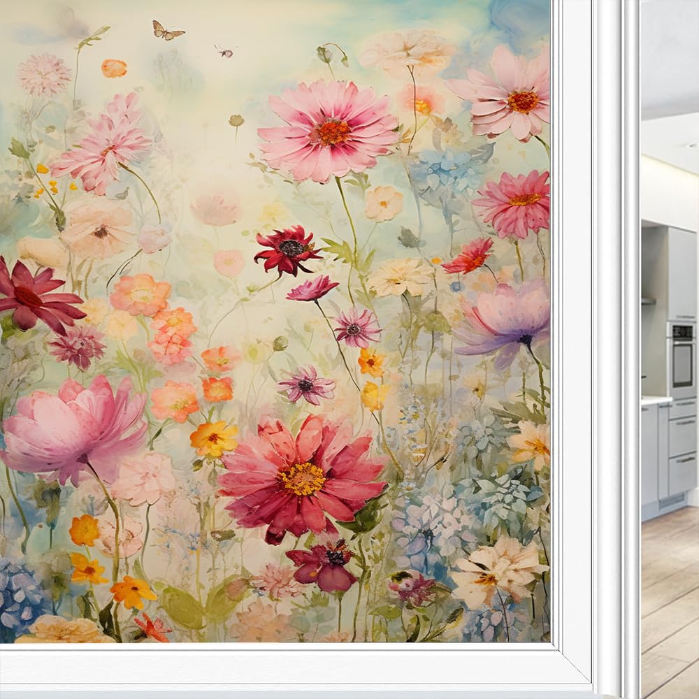 Watercolor Flower Window Privacy Film, Rustic Nature Flower Abstract Frosted Stained Glass Window Film Decorative Static Cling for Glass for Home 45x60 cm