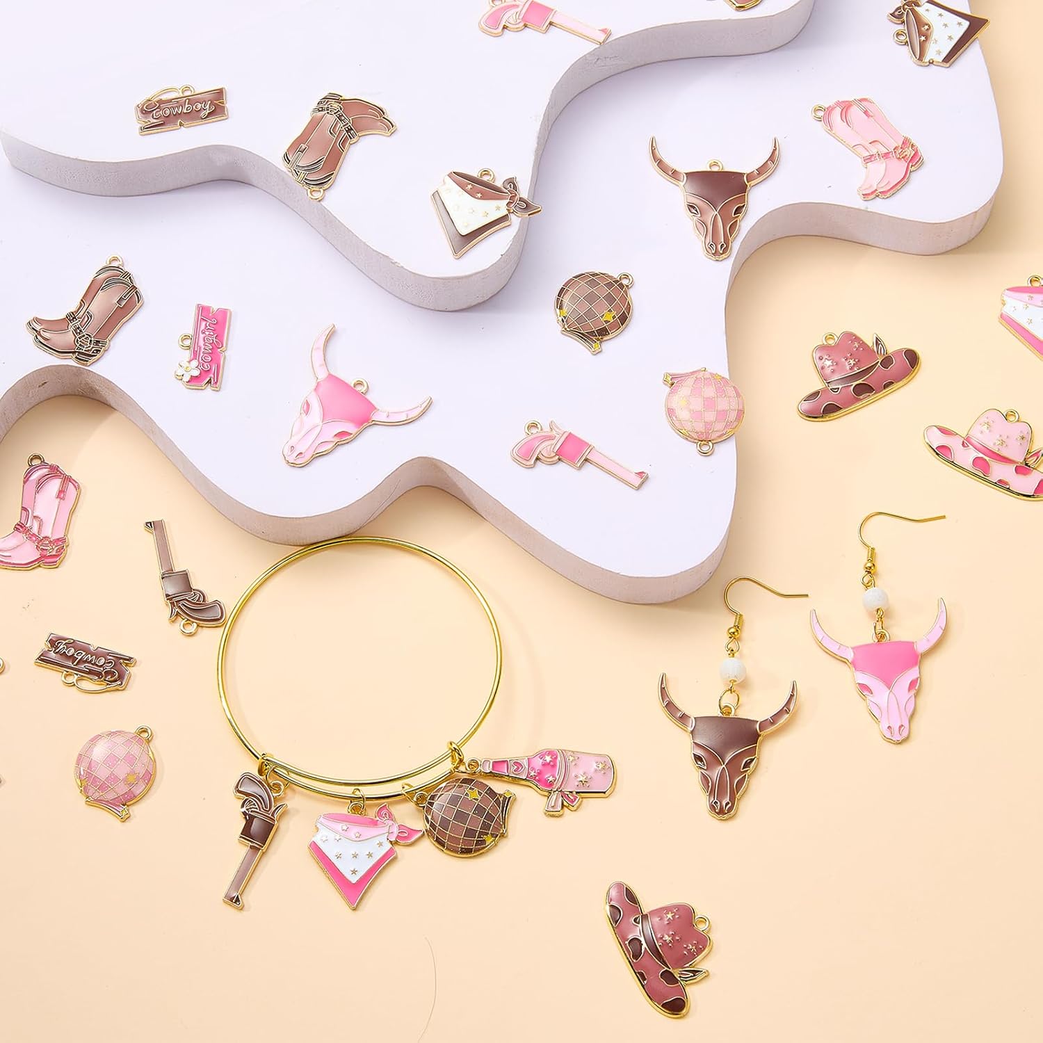 32Pcs 16Styles Pink Western Themed Charms for Jewelry Making Brown Bulk Cute Alloy Enamel Pendants for Bracelet Necklace Earring DIY Supplies - Image 5