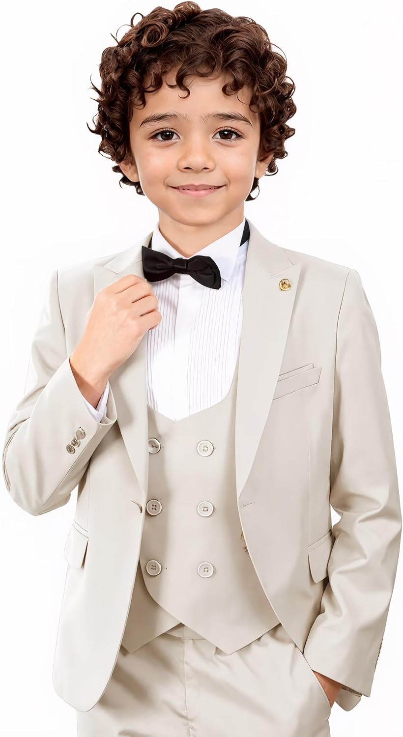 Boys Suit 3 Piece Slim Fit Kids Tuxedo Peak Lapel Formal Wedding Prom Outfit Blazer Vest Pant Suits Set