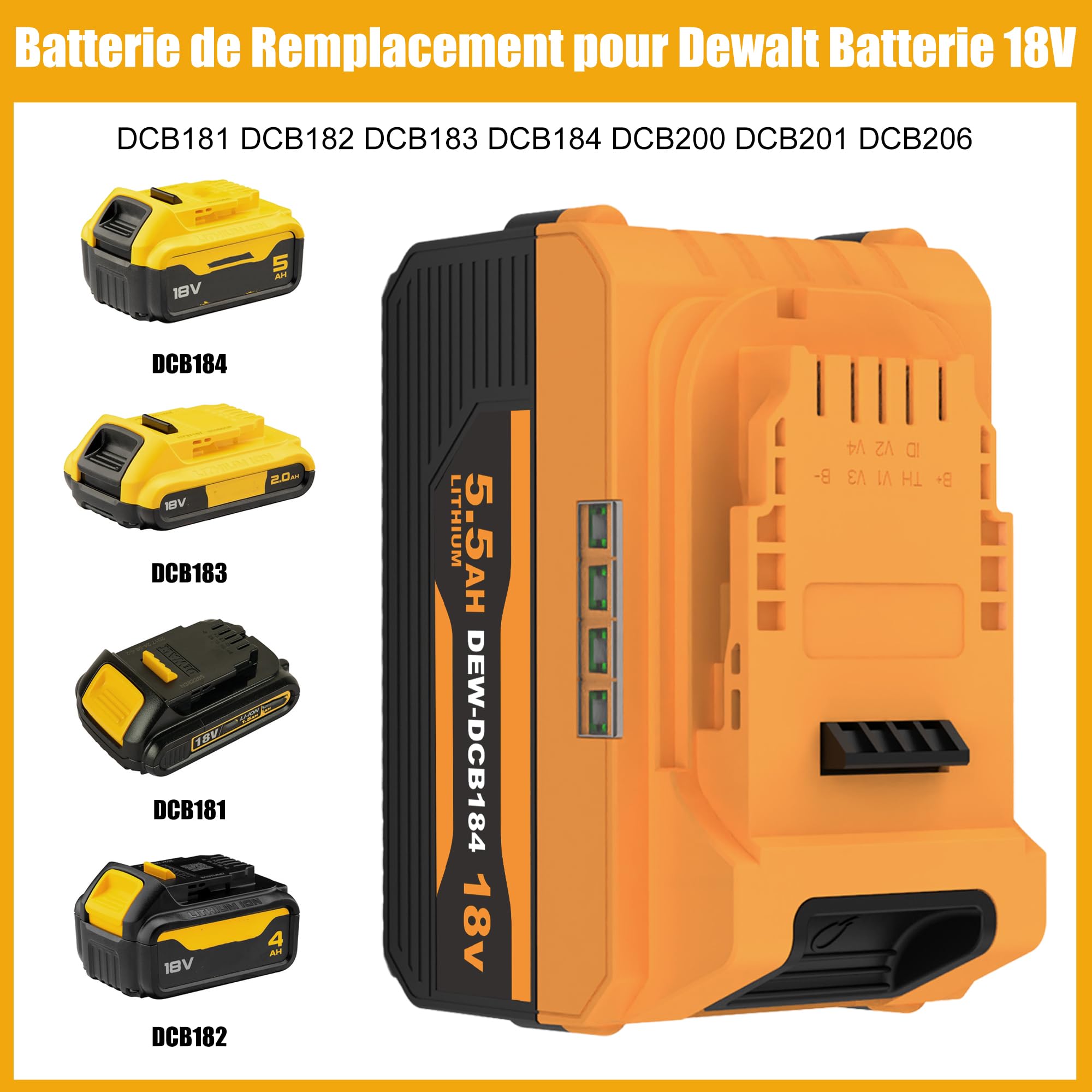 Energup 2Pcs 18V 5500 mAh Batterie pour Dewalt Batterie 18V DCB184