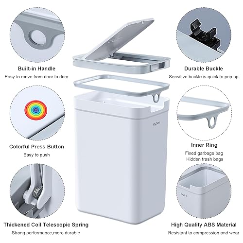 Miniatura 5 de funest Basurero de baño con tapa, paquete de 2 botes de basura pequeños para dormitorio con tapa desplegable, cubo de basura a prueba de perros S01,