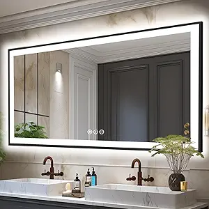 84x32 LED Bathroom Mirror, Black Aluminum Framed, Backlit + Front-Lit, 3 Colors Temperature Changeable, Dimmable Vanity Mirror, Tempered Glass, Defog, Waterproof, Memory (Horizontal/Vertical)