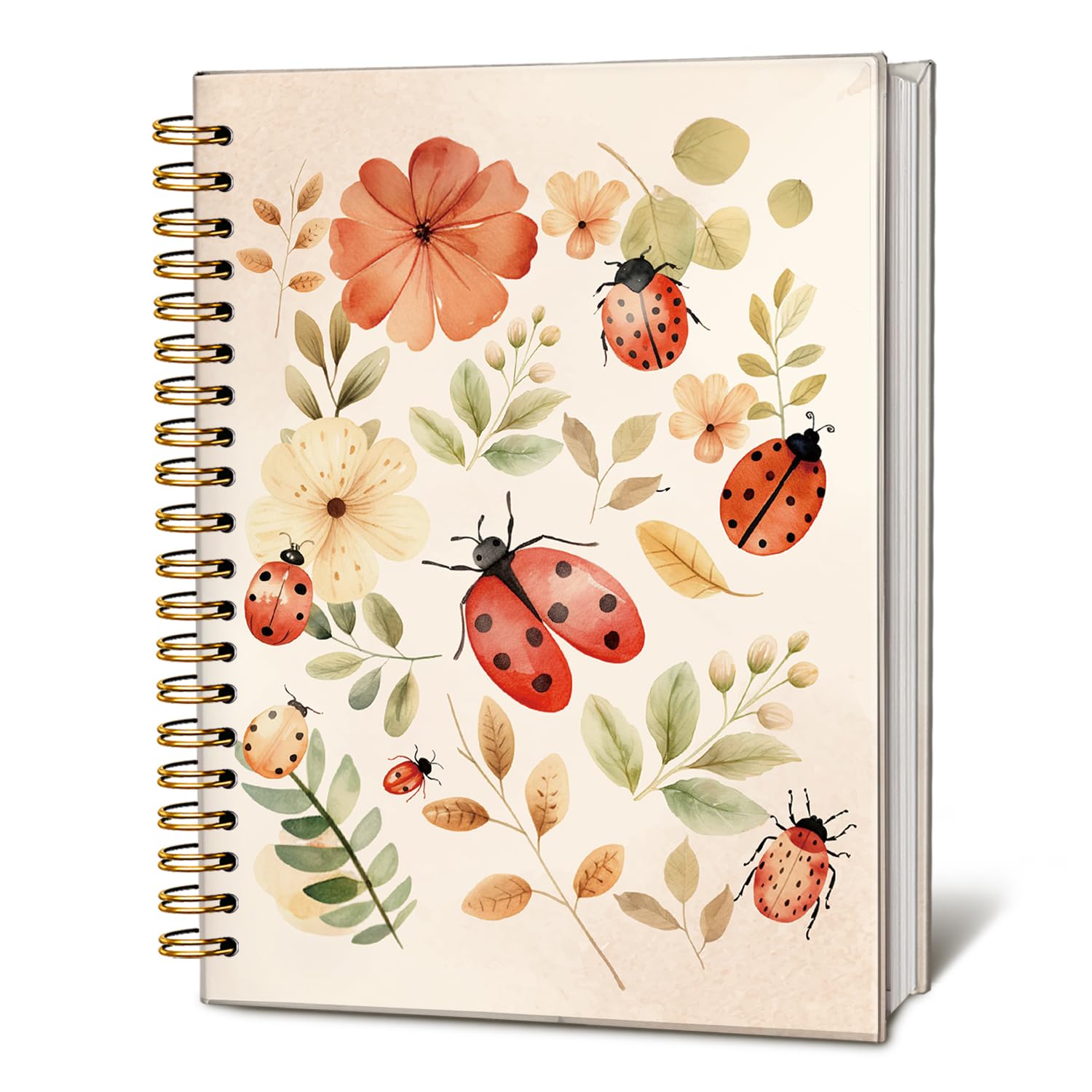 LIANGW Ladybugs Floral Spiral Notebook Journal, Cottagecore Wildflower Aesthetic Journal for Writing, Ladybugs Gifts for Women, Pink Office Supplies,