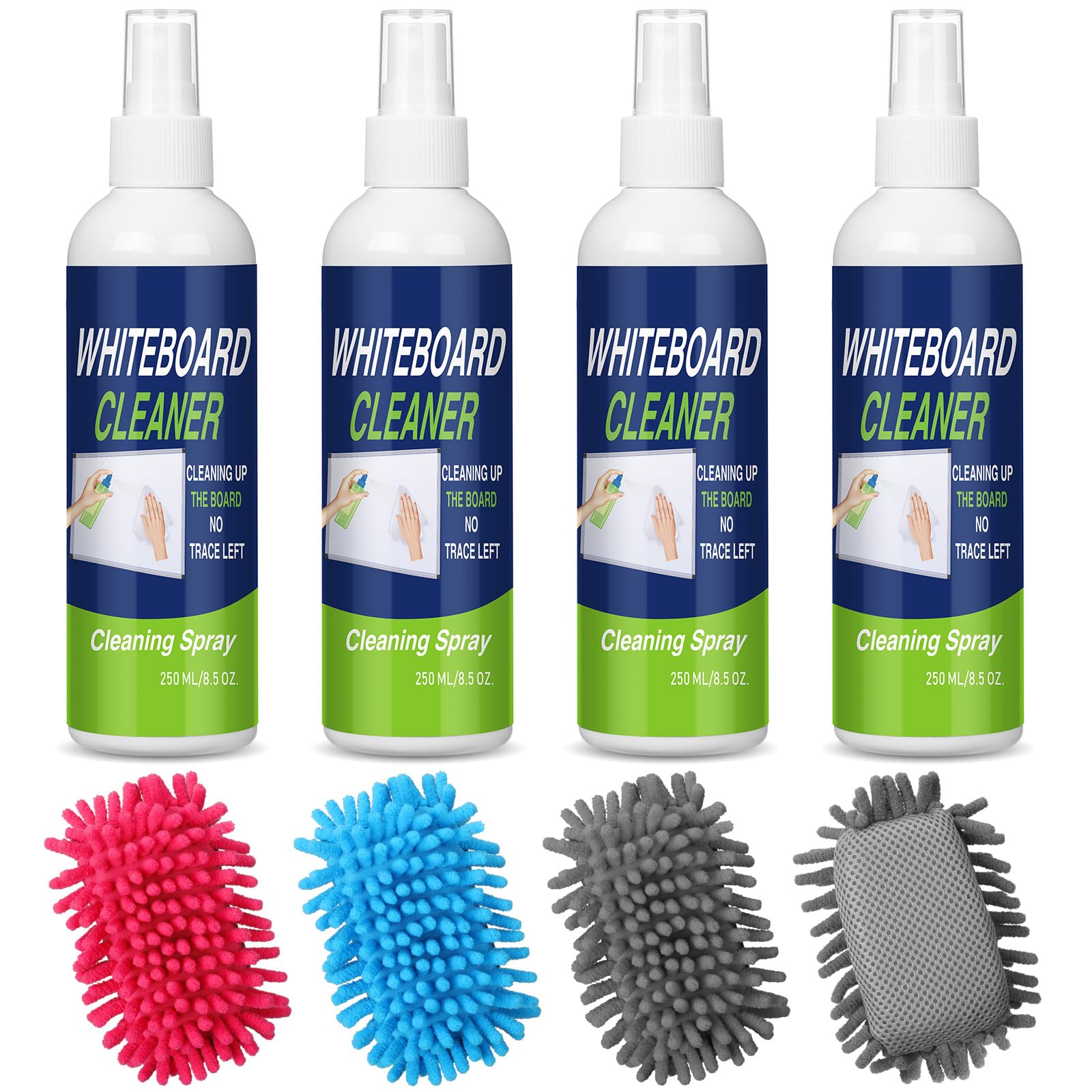 Fuyoooo 8 limpiadores de pizarra blanca con borrador de borrado en seco de microfibra, 8.5 onzas, spray de limpieza de pizarra blanca que elimina las marcas difíciles de la pizarra para aula, hogar
