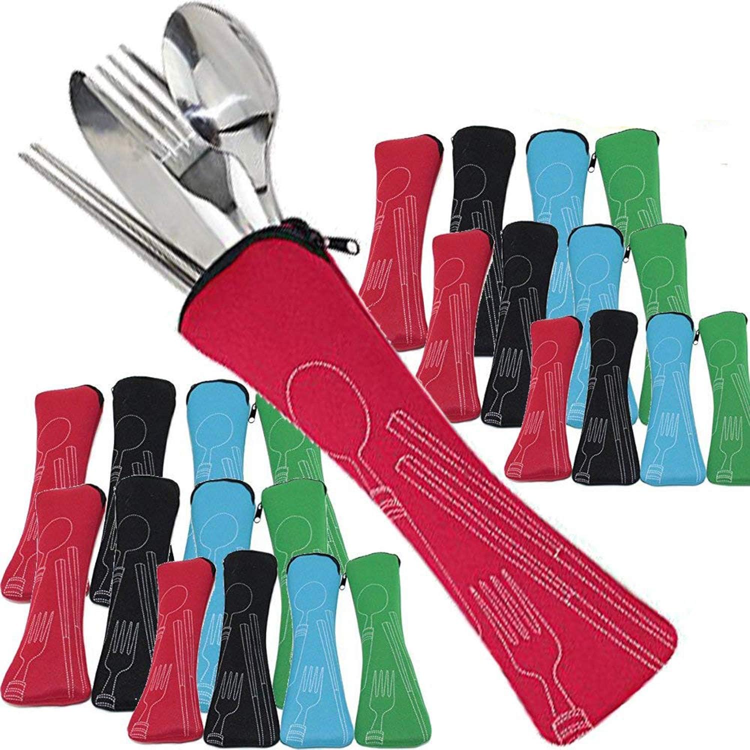 24 Sets Stainless Steel Flatware ~ (each set included 1 spoon, 1 fork, 1 knife & 1 pair of chopsticks) Lightweight Portable Tablewear/Carrying Cases (B11868 / KT00097)~