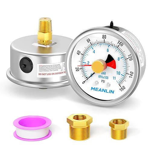 Miniatura 8 de MEANLIN MEASURE 0  300 psi, esfera de acero inoxidable de 14 de pulgada NPT de 2.5 pulgadas con puntero de reinicio relleno de líquido, manómetro