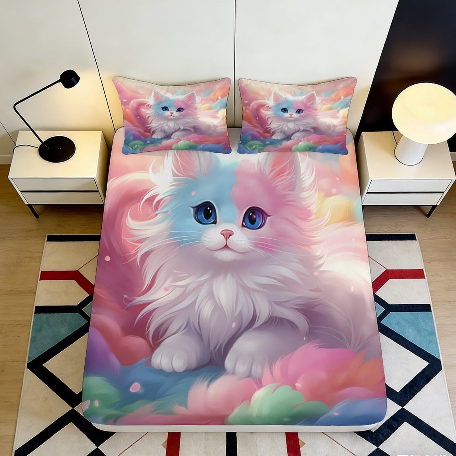 3D Printed Pastel Cat Fitted Sheet Microfiber Soft Anti-Slip Rainbow Kitten Mattress Cover for Bedroom Guest Room Decor 90x200x25cm