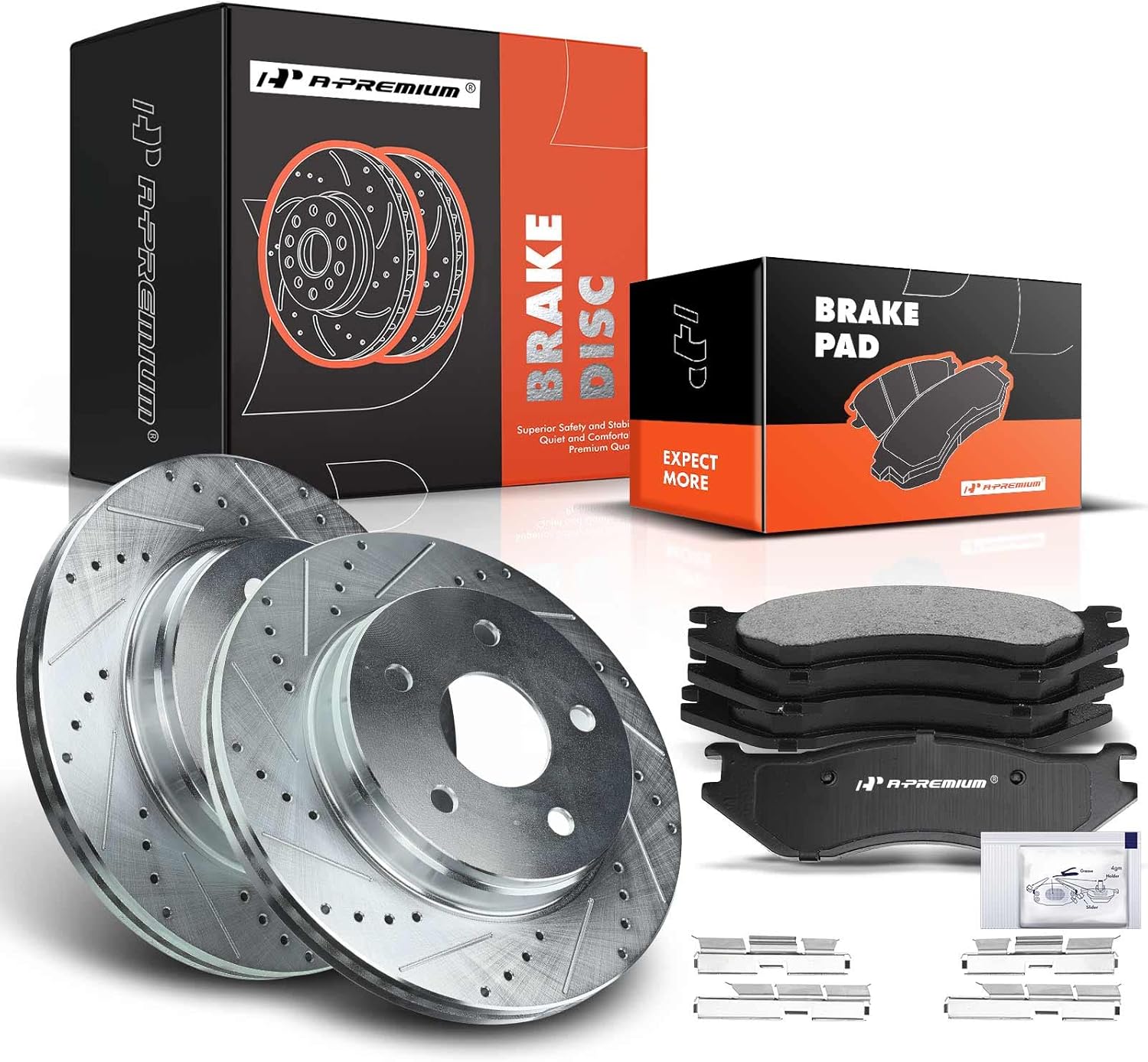 A-Premium 13.23 in (336 mm) Front Drilled and Slotted Disc Brake Rotors + Ceramic Pads Kit Compatible with Select Dodge Models - Durango 03-06, Ram 1500 02-05, 6-PC Set