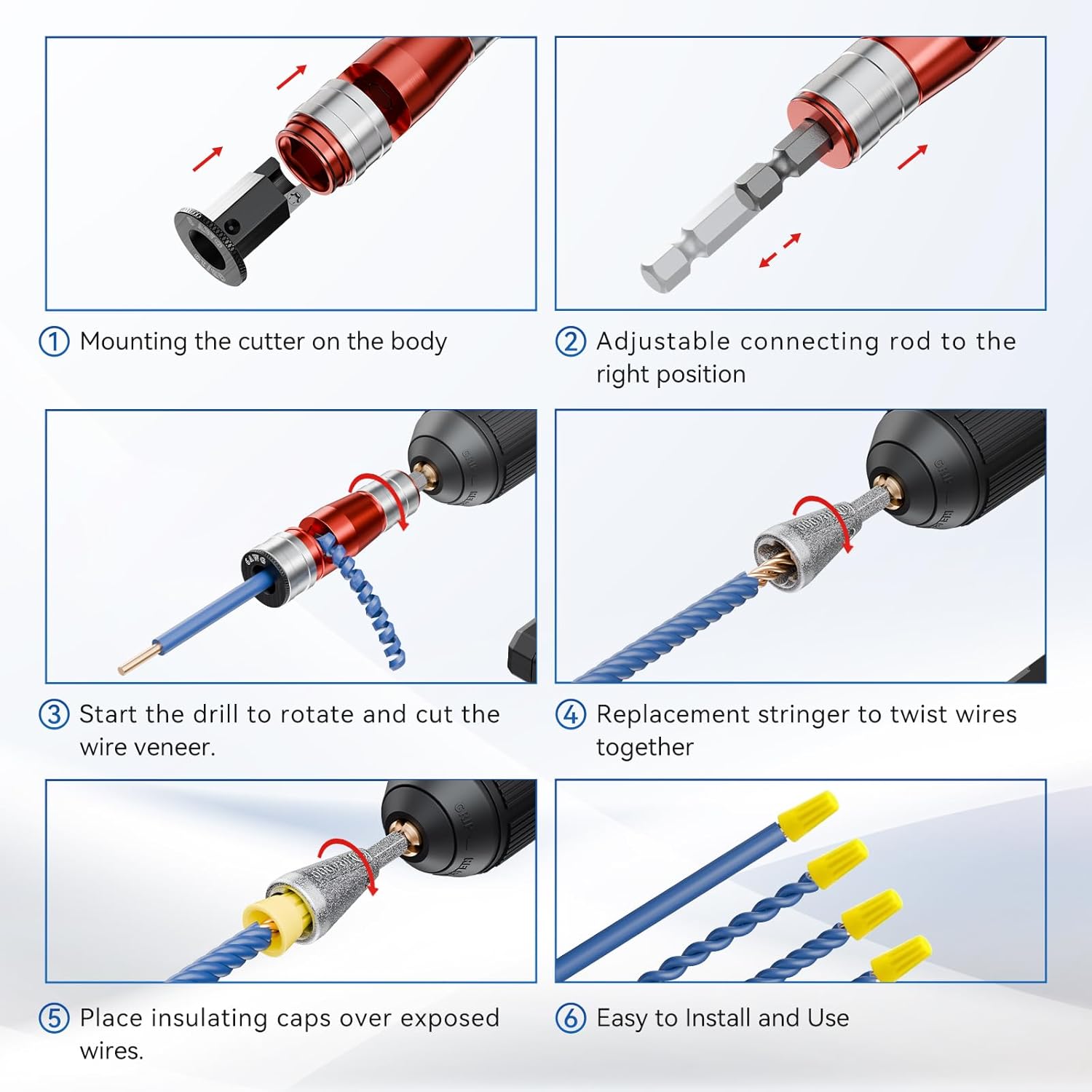 wire strippers for drill,Wire Stripping Tool & Wire Twisting Connector Set Quick Release Fittings,9 in 1 Quick Release Fittings Wire Stripping Professional Electrician Tools Set（6/8/10/12/14 AWG）